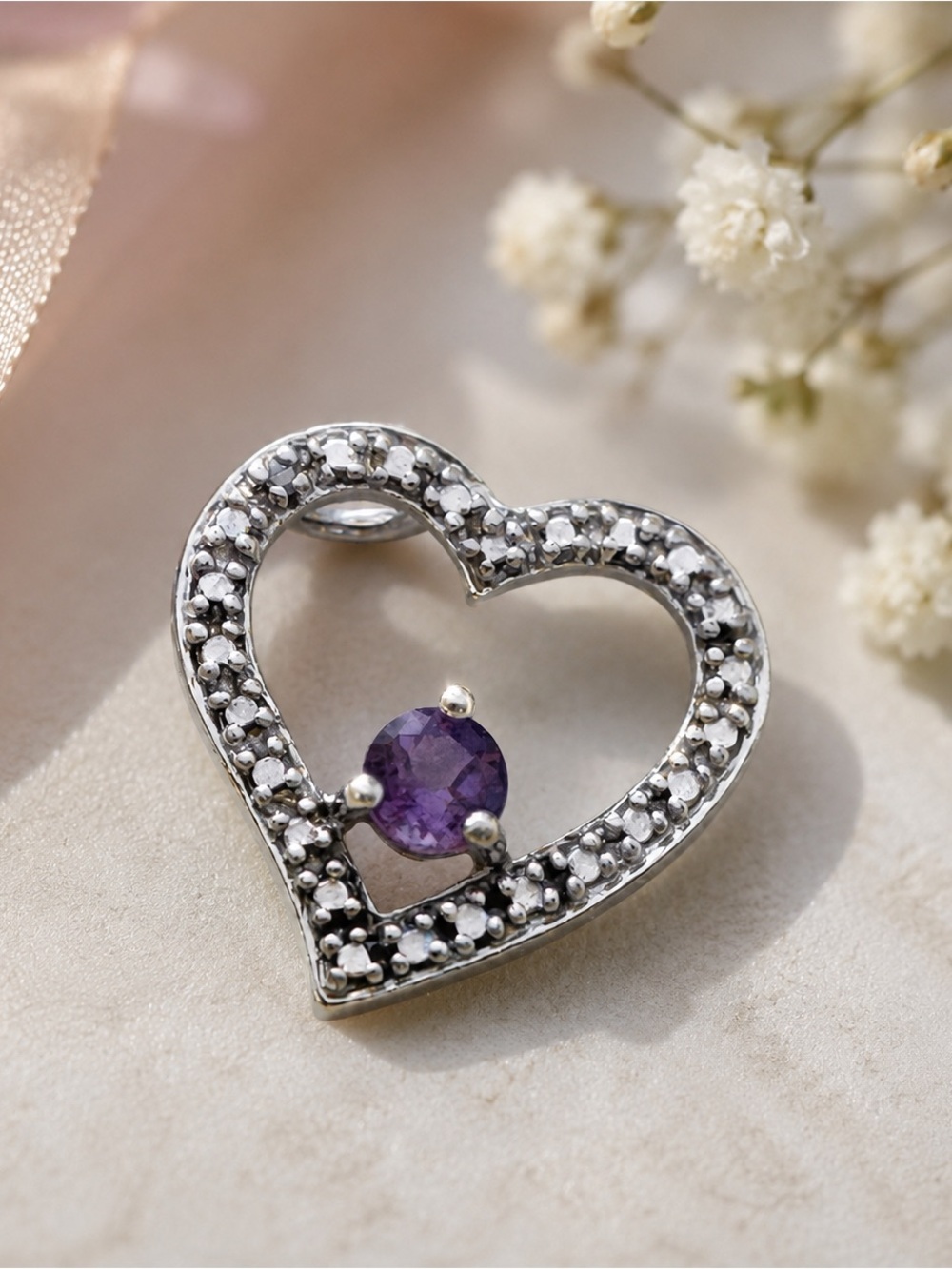 Sterling silver DL amethyst & diamond heart pendant